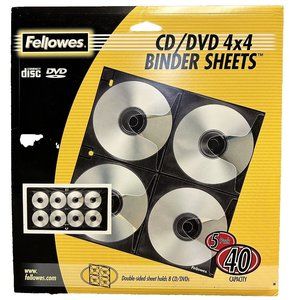 NEW Fellowes CD/DVD 4X4 Binder Sheets 5 Pack Double Sided Sleeves Holds 40 Discs